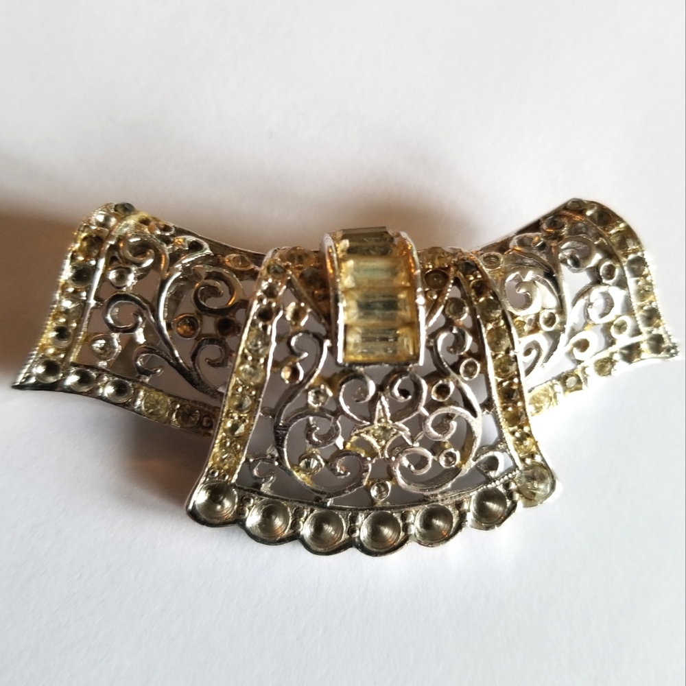 Vintage Coro pendant scarf slide silver tone rhinestones large filigree